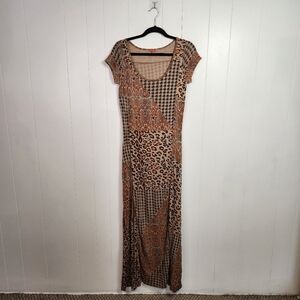 Chan Luu Patchwork Leopard Animal Print Maxi Dress Bodycon Short Sleeve Small